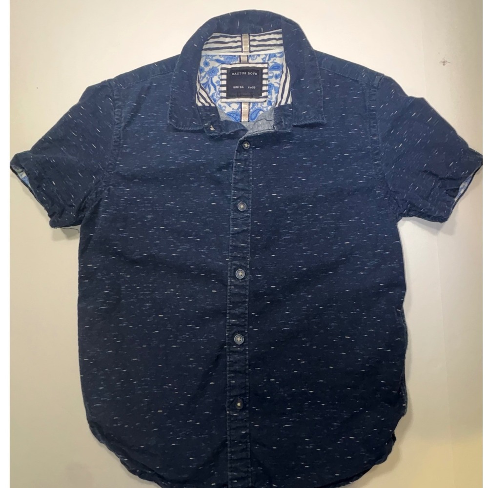 Cactus Boys Navy Blue Slub Short Sleeve Button Down Shirt Size 5/6 Paisley Trim